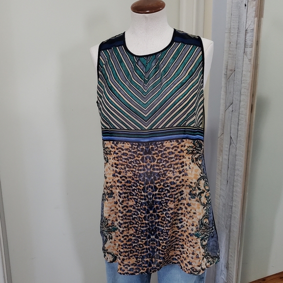 Cabi Buchanan Sleeveless Mixed Print Blouse Tunic Animal Striped S - Picture 2 of 10